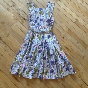 Vintage Floral Fit-and-Flare Dress in Purple, Green and Pink